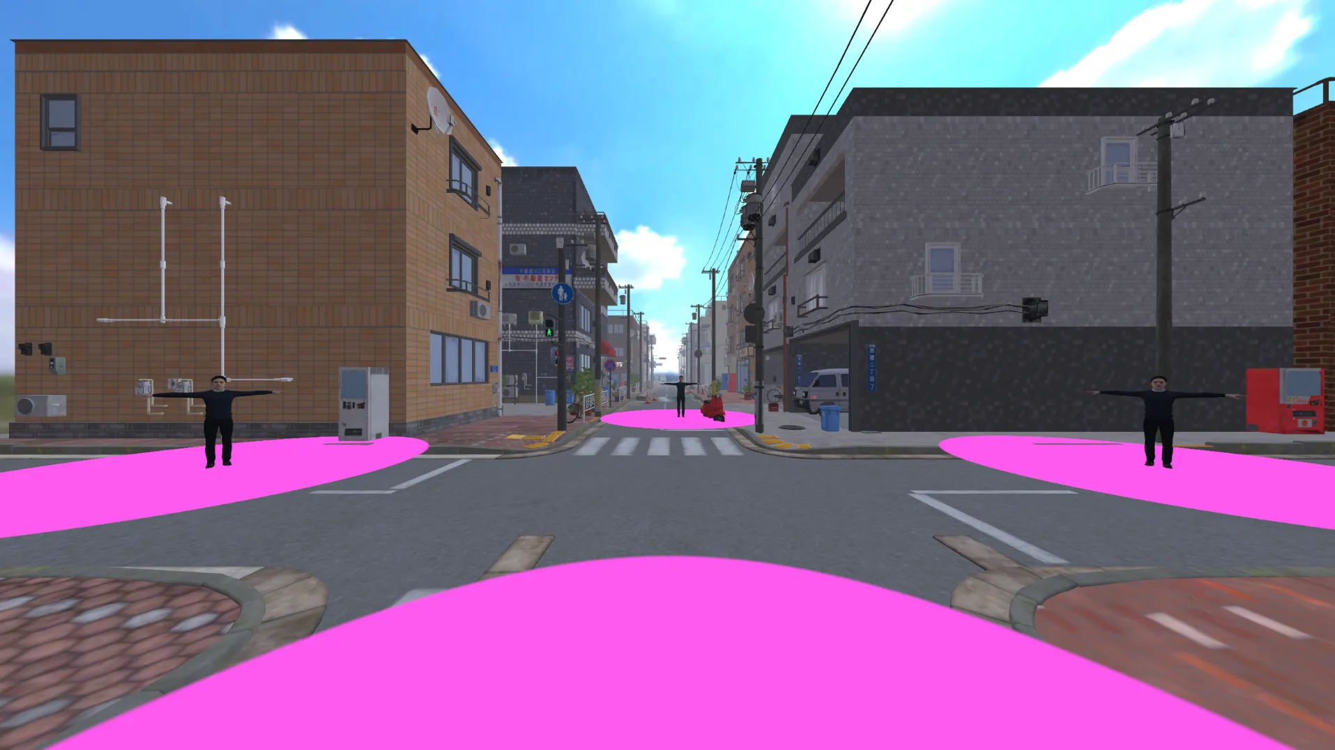 予備実験の VR 空間。街に立つアバタの足元に、ピンクの円が描かれている